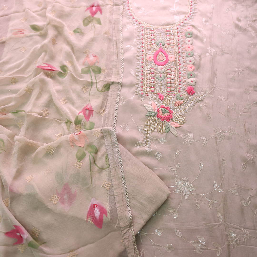 Sakhi Hazel Frappe with Kardana Embellish Neck in All Over Thread Work Organza Set