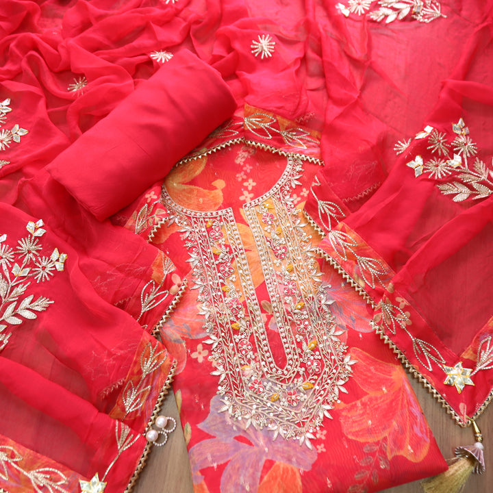 Sakhi Kumkum Pink with Embellish Neck Work in Floral Printed Organza Suit Set