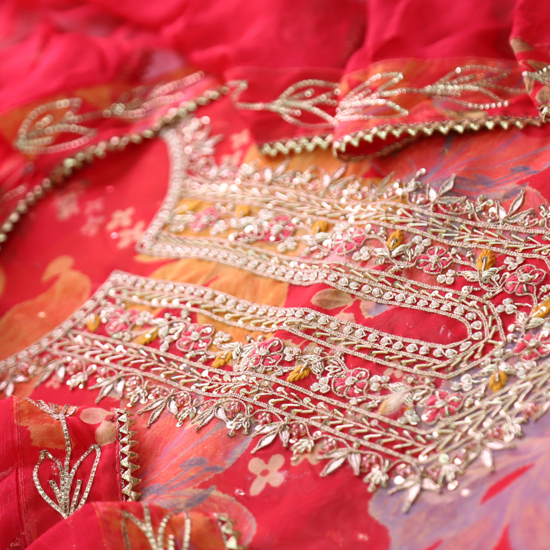 Sakhi Kumkum Pink with Embellish Neck Work in Floral Printed Organza Suit Set
