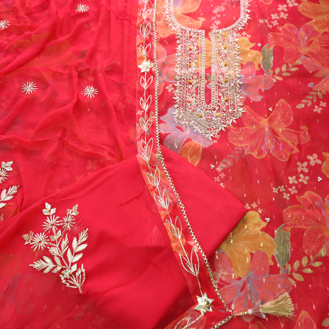 Sakhi Kumkum Pink with Embellish Neck Work in Floral Printed Organza Suit Set