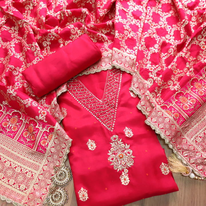 Sakhi Kumkum Pink Embellished V Neck with Stone and Kardana Work Dola Silk Suit