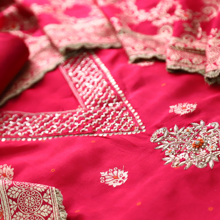 Sakhi Kumkum Pink Embellished V Neck with Stone and Kardana Work Dola Silk Suit