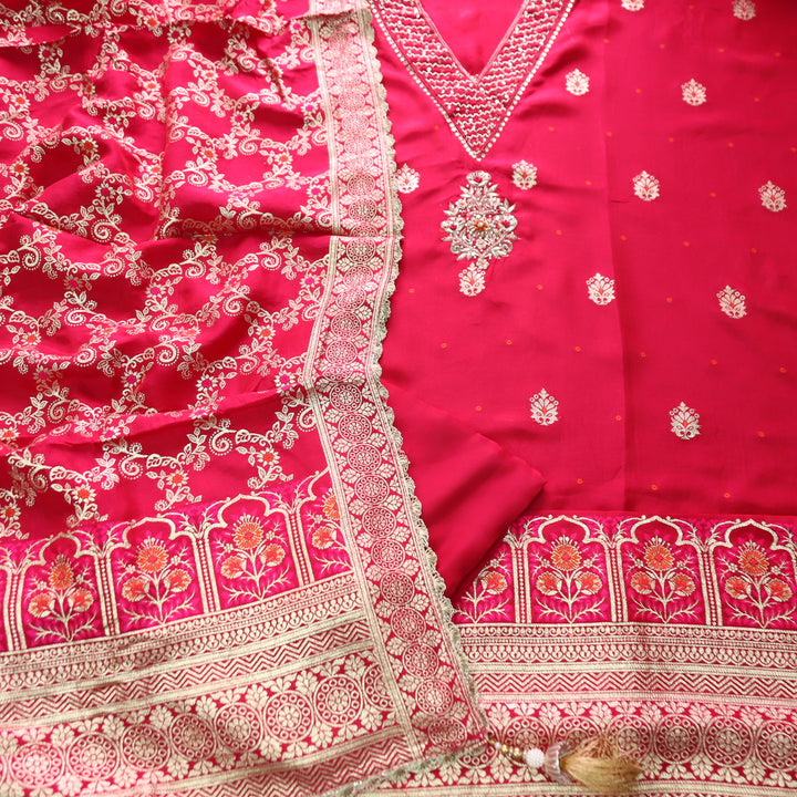 Sakhi Kumkum Pink Embellished V Neck with Stone and Kardana Work Dola Silk Suit