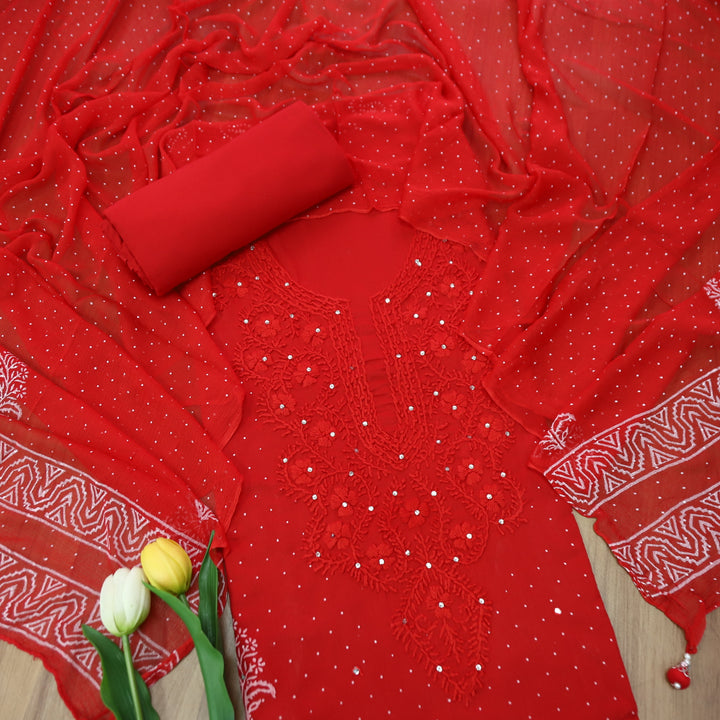 Aasha Sinduri Red Thread Neck Work in Block Printed with Patra Detailing Cotton Set