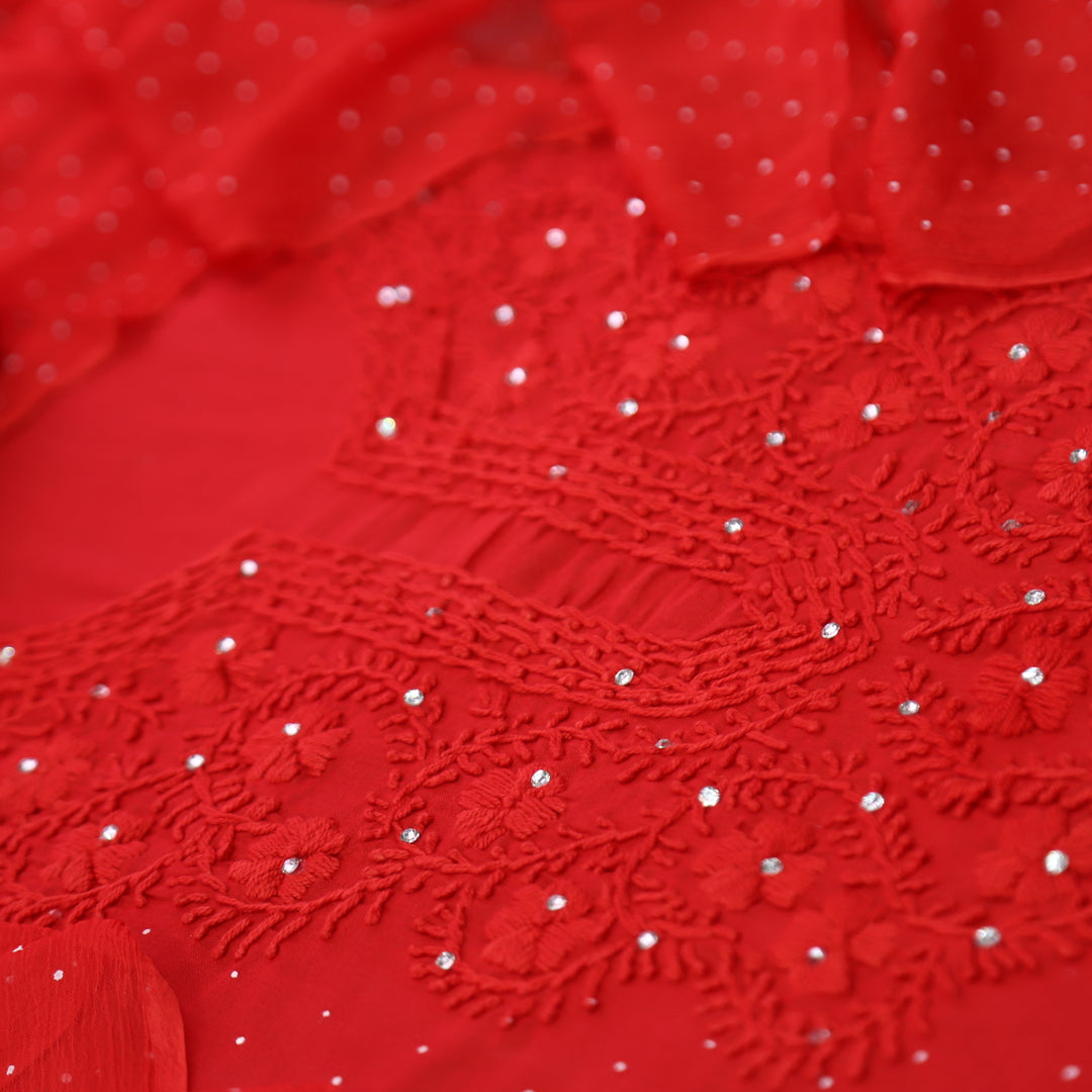 Aasha Sinduri Red Thread Neck Work in Block Printed with Patra Detailing Cotton Set