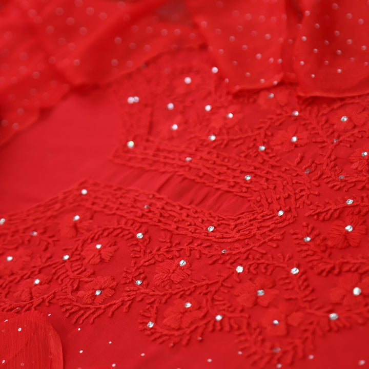 Aasha Sinduri Red Thread Neck Work in Block Printed with Patra Detailing Cotton Set