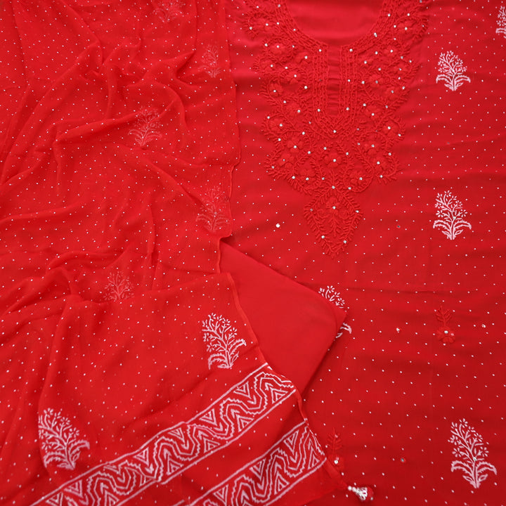 Aasha Sinduri Red Thread Neck Work in Block Printed with Patra Detailing Cotton Set