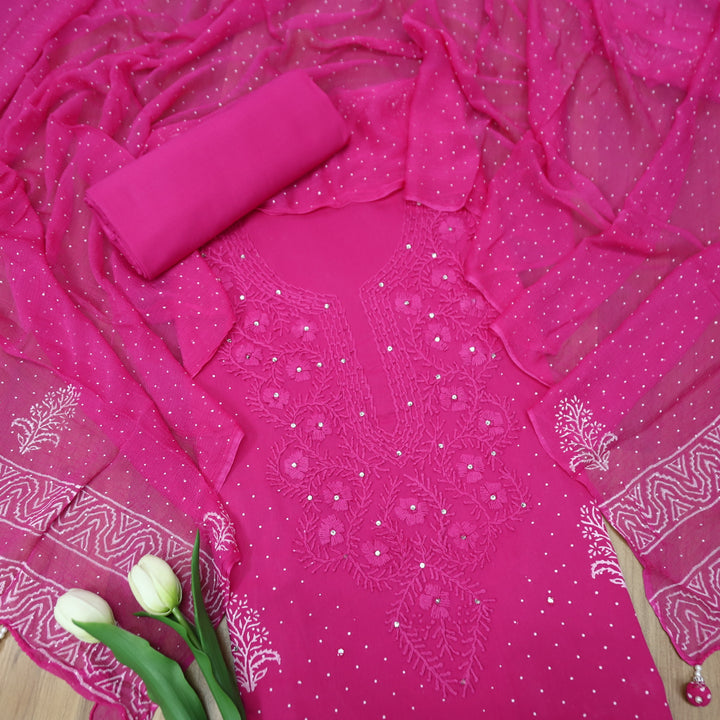 Aasha Magenta Pink Thread Neck Work in Block Printed with Patra Detailing Cotton Set