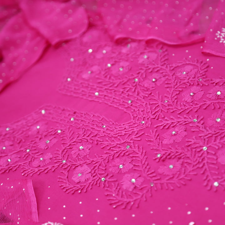 Aasha Magenta Pink Thread Neck Work in Block Printed with Patra Detailing Cotton Set