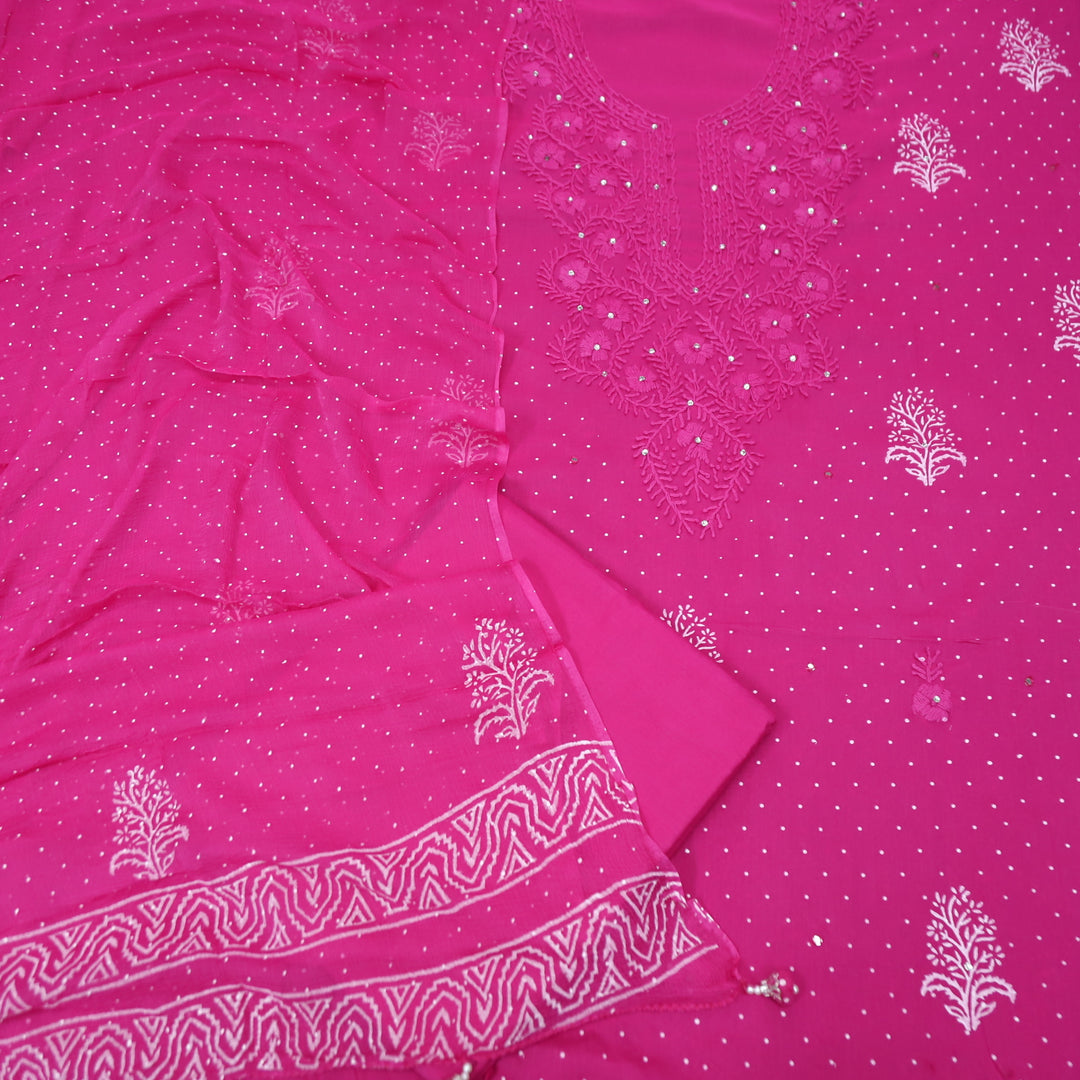 Aasha Magenta Pink Thread Neck Work in Block Printed with Patra Detailing Cotton Set