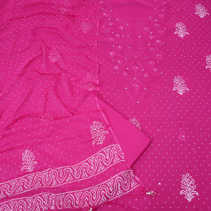 Aasha Magenta Pink Thread Neck Work in Block Printed with Patra Detailing Cotton Set