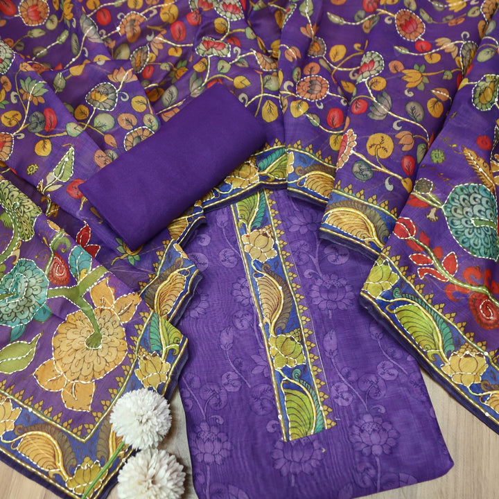 Pranavi Jamuni Purple Self Printed in Kantha Embroidery Neck Work Chanderi Suit Set