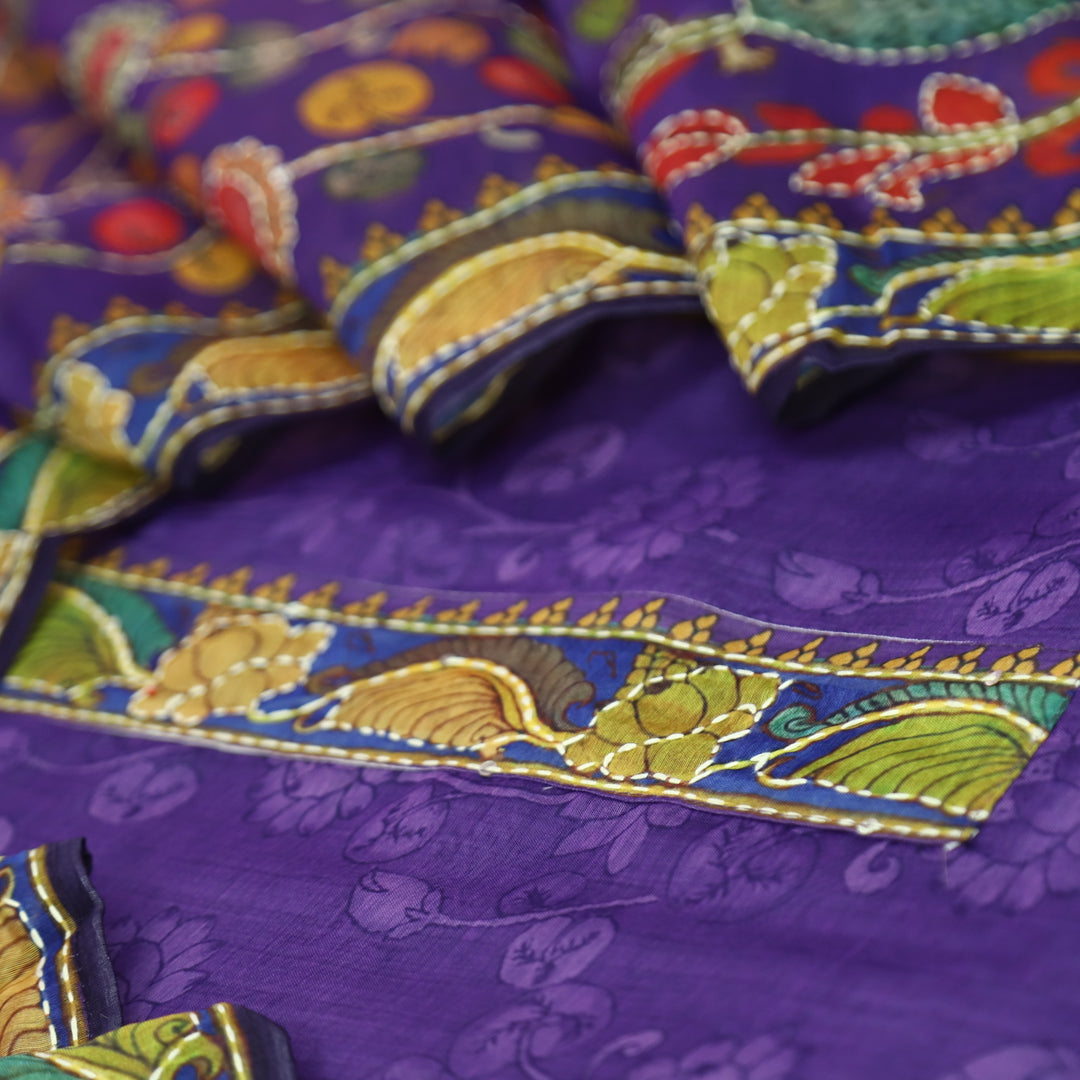 Pranavi Jamuni Purple Self Printed in Kantha Embroidery Neck Work Chanderi Suit Set