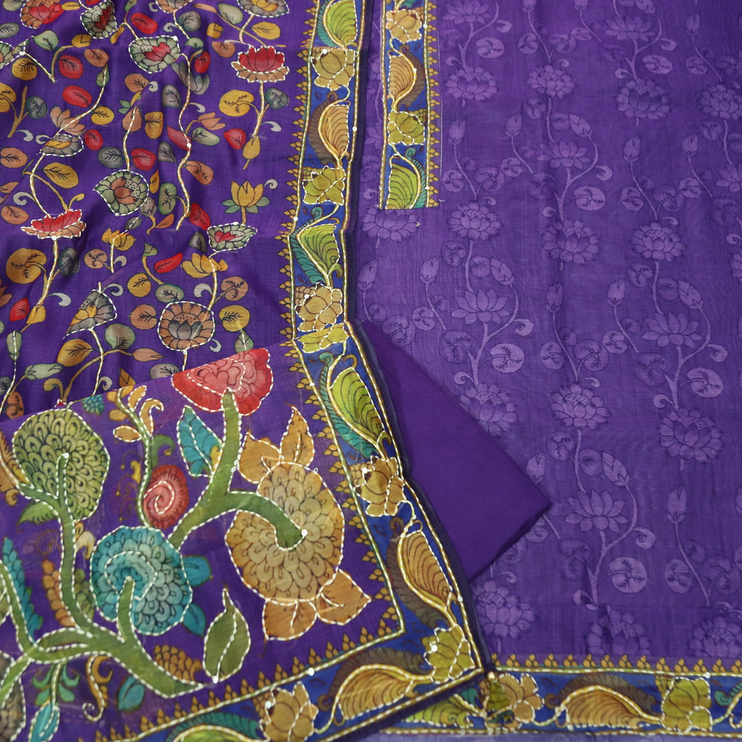 Pranavi Jamuni Purple Self Printed in Kantha Embroidery Neck Work Chanderi Suit Set