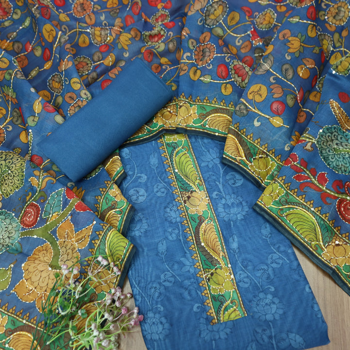 Pranavi Electric Blue Self Printed in Kantha Embroidery Neck Work Chanderi Suit Set