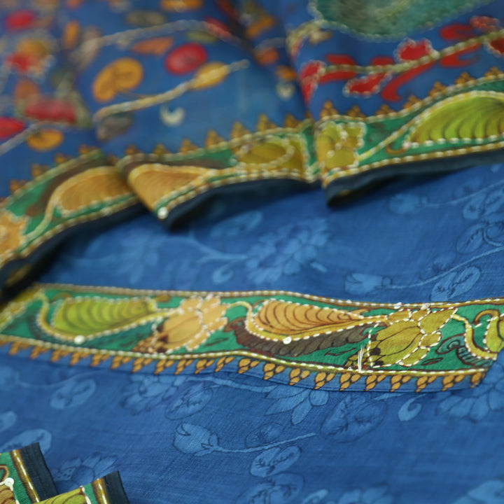 Pranavi Electric Blue Self Printed in Kantha Embroidery Neck Work Chanderi Suit Set