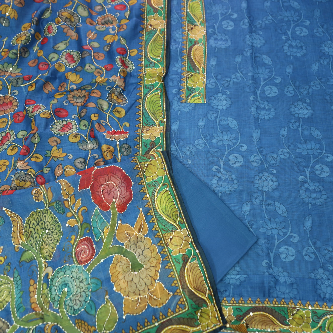 Pranavi Electric Blue Self Printed in Kantha Embroidery Neck Work Chanderi Suit Set