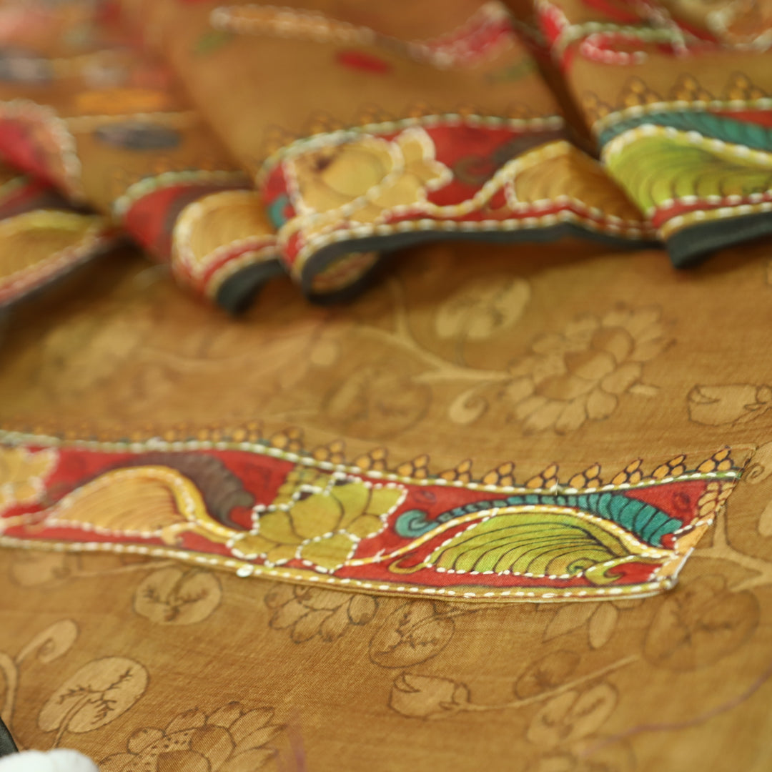 Pranavi Almond Brown Self Printed in Kantha Embroidery Neck Work Chanderi Suit Set