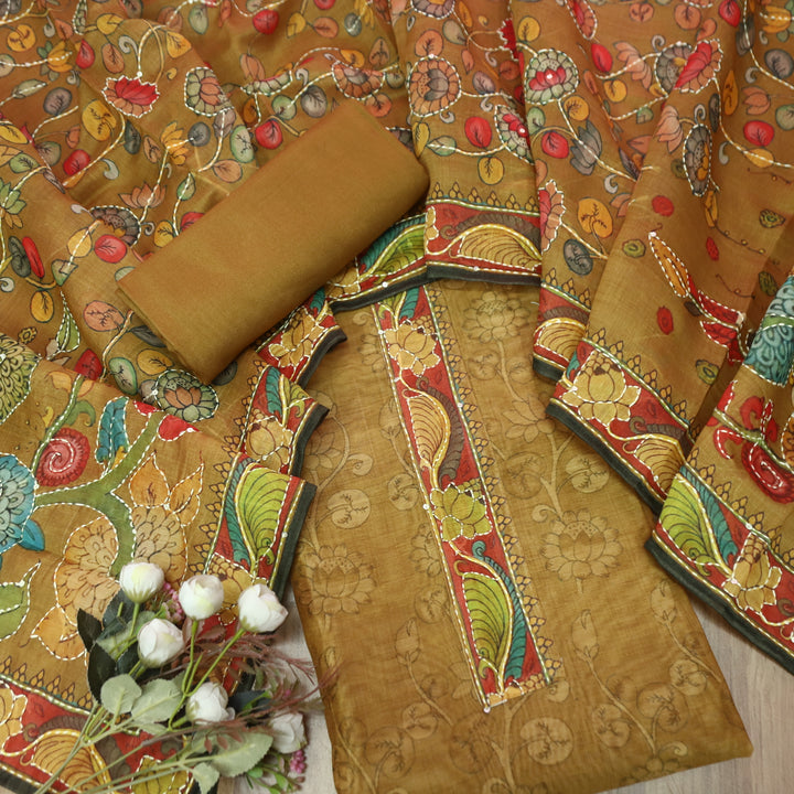 Pranavi Almond Brown Self Printed in Kantha Embroidery Neck Work Chanderi Suit Set