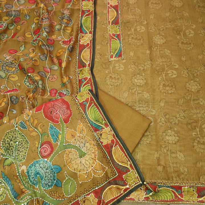 Pranavi Almond Brown Self Printed in Kantha Embroidery Neck Work Chanderi Suit Set