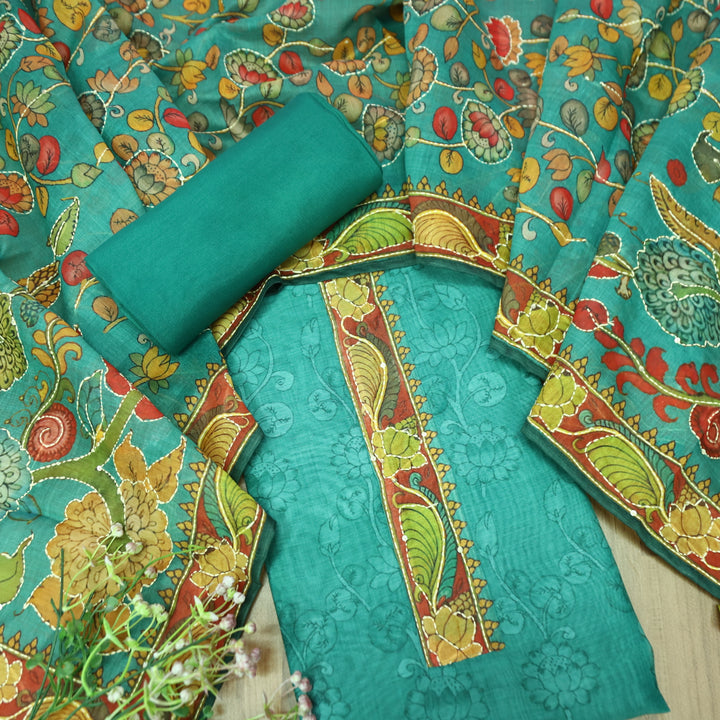 Pranavi Aqua Turquoise Self Printed in Kantha Embroidery Neck Work Chanderi Suit Set