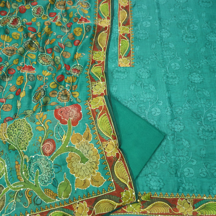 Pranavi Aqua Turquoise Self Printed in Kantha Embroidery Neck Work Chanderi Suit Set