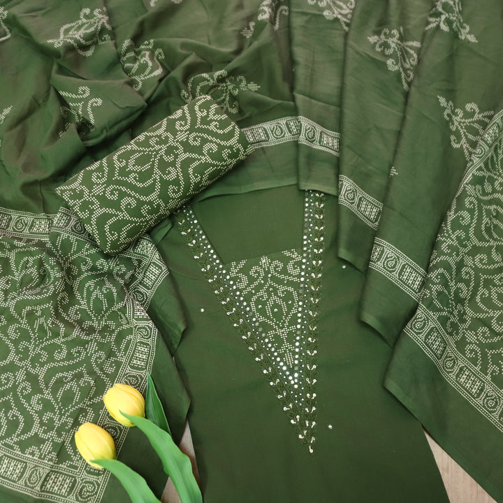Kashvi Forest Green  Embellish Neckline with Moti Work Detailing Cotton Suit Set
