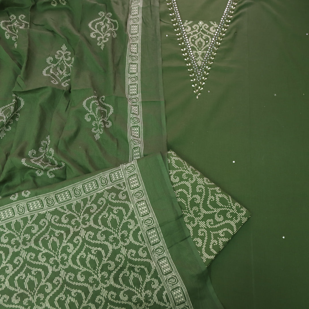 Kashvi Forest Green  Embellish Neckline with Moti Work Detailing Cotton Suit Set