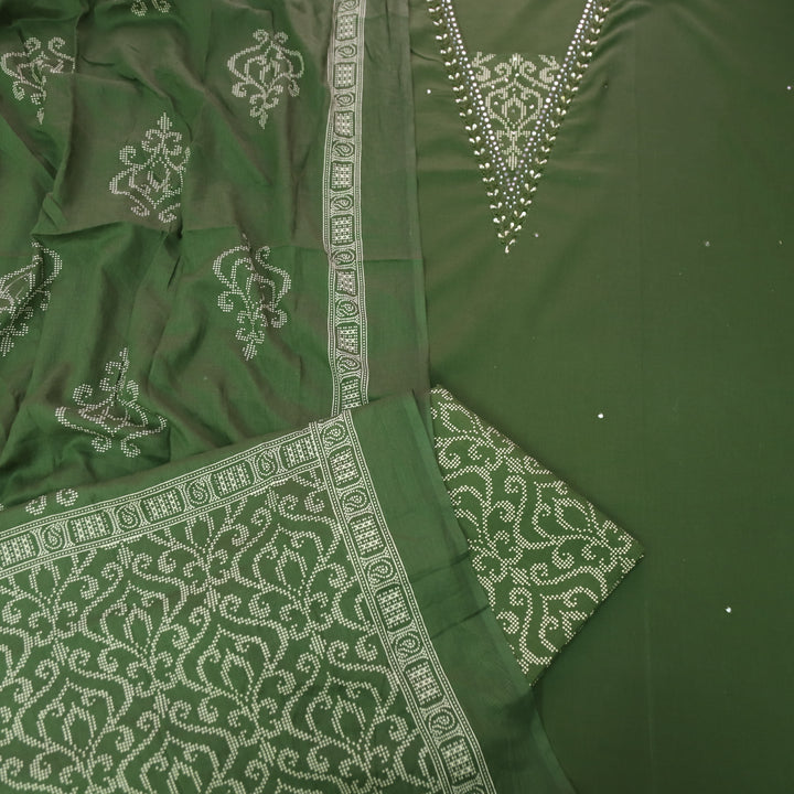 Kashvi Forest Green  Embellish Neckline with Moti Work Detailing Cotton Suit Set