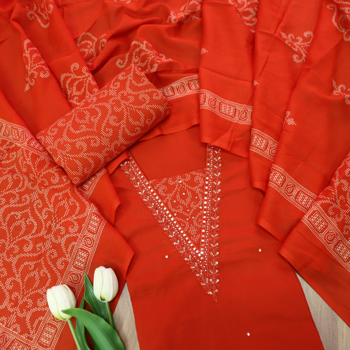 Kashvi Fire Orange Embellish Neckline with Moti Work Detailing Cotton Suit Set