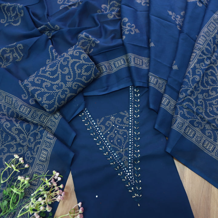 Kashvi Royal Blue Embellish Neckline with Moti Work Detailing Cotton Suit Set