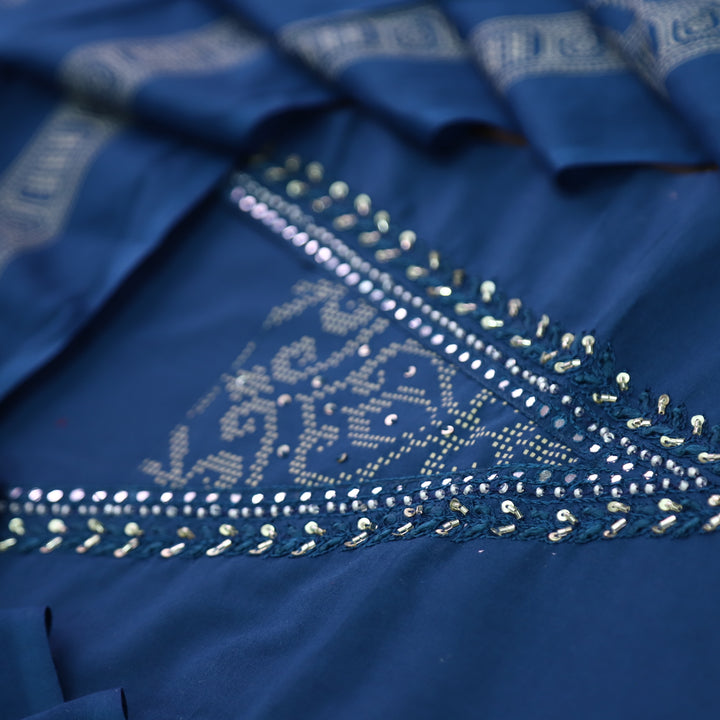 Kashvi Royal Blue Embellish Neckline with Moti Work Detailing Cotton Suit Set