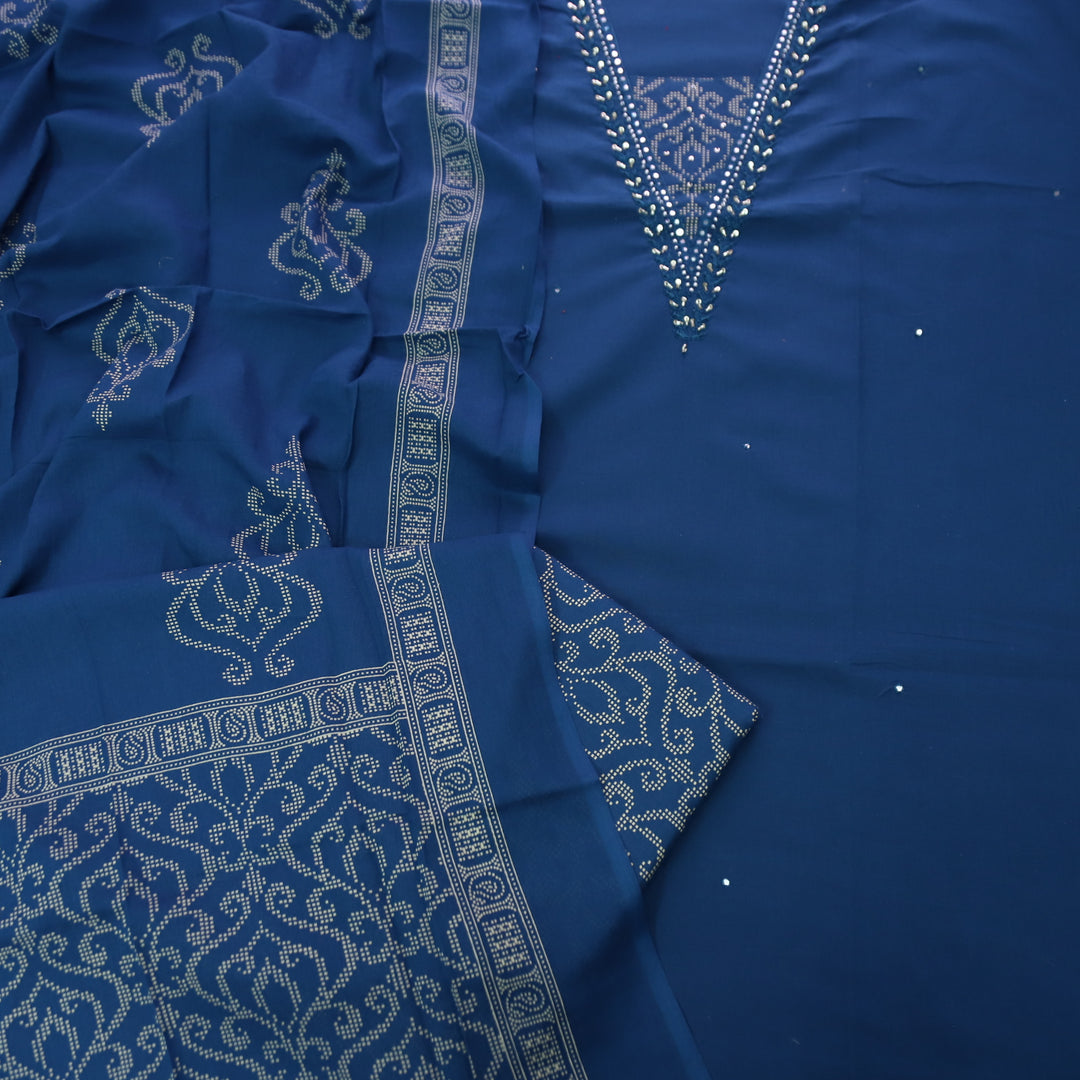 Kashvi Royal Blue Embellish Neckline with Moti Work Detailing Cotton Suit Set