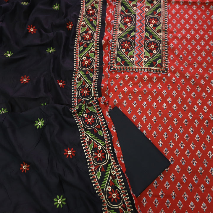 Roshni Cherry Red Thread Embroidered Yoke on Ajrak Printed Cotton Suit Set