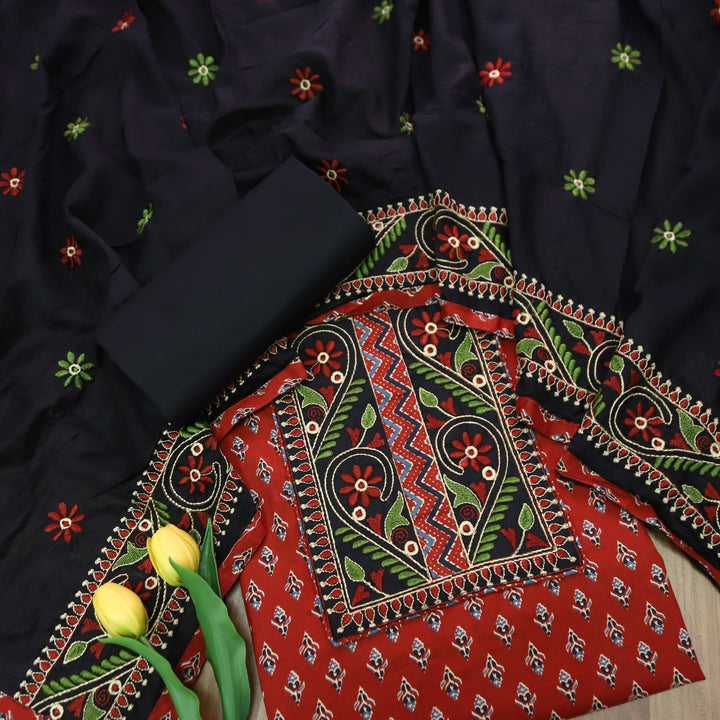 Roshni Cherry Red Thread Embroidered Yoke on Ajrak Printed Cotton Suit Set