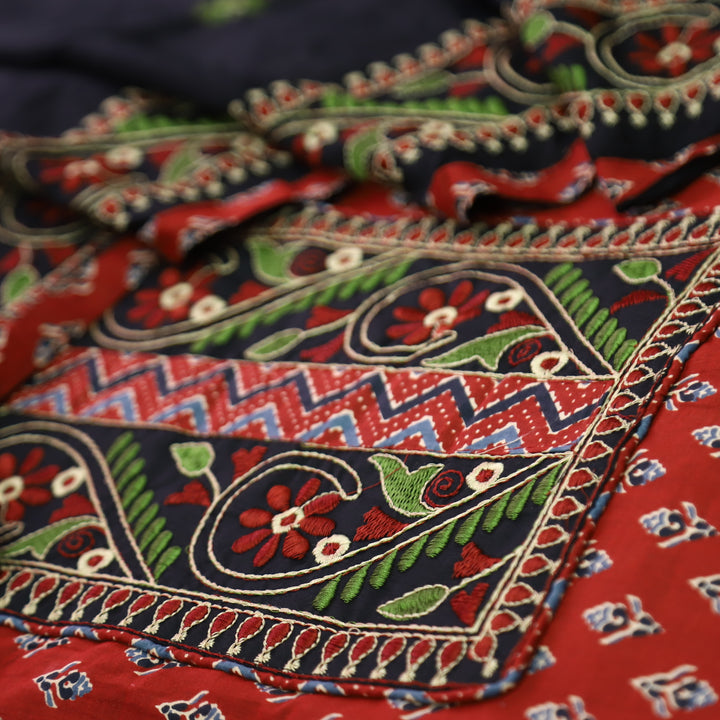Roshni Cherry Red Thread Embroidered Yoke on Ajrak Printed Cotton Suit Set