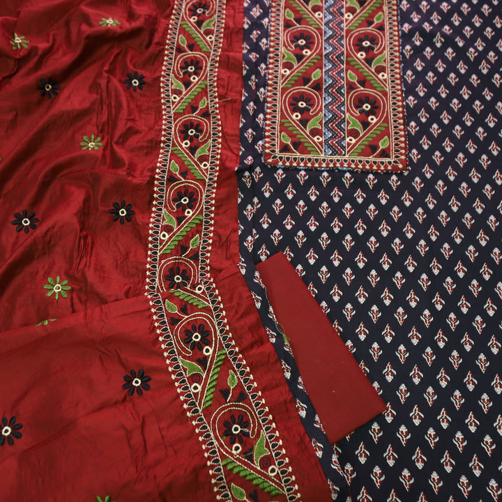 Roshni Coal Black Thread Embroidered Yoke on Ajrak Printed Cotton Suit Set