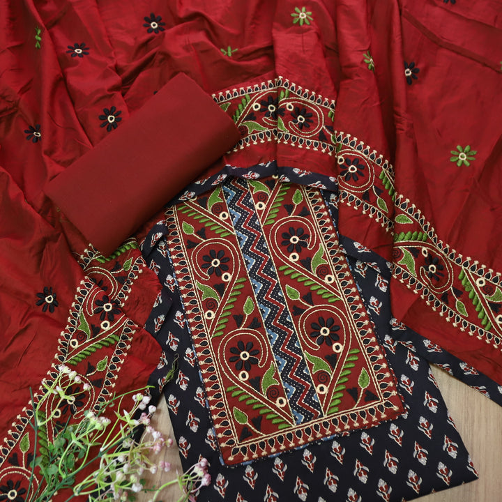Roshni Coal Black Thread Embroidered Yoke on Ajrak Printed Cotton Suit Set