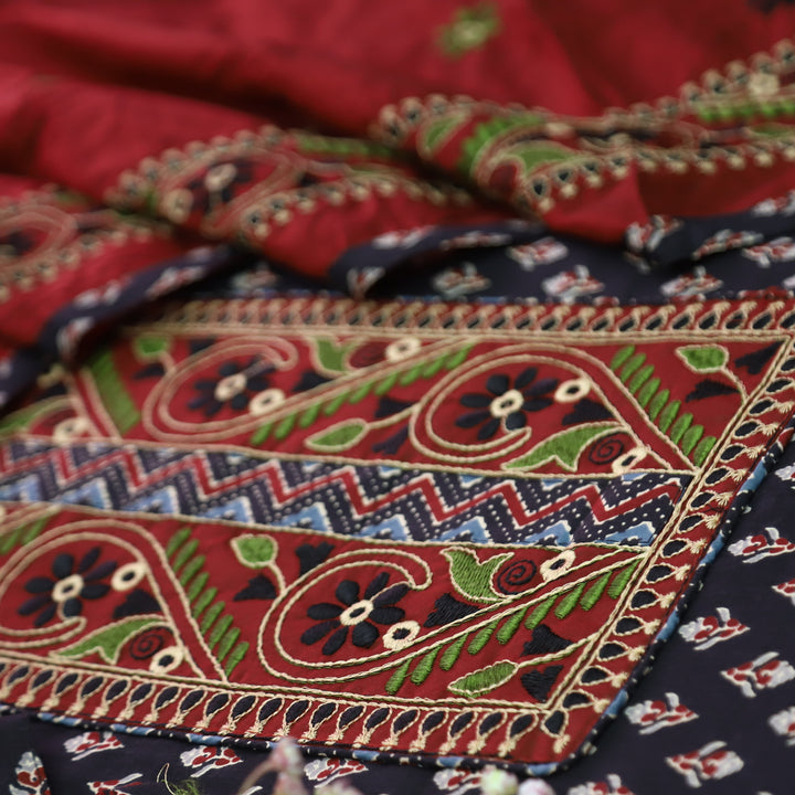 Roshni Coal Black Thread Embroidered Yoke on Ajrak Printed Cotton Suit Set