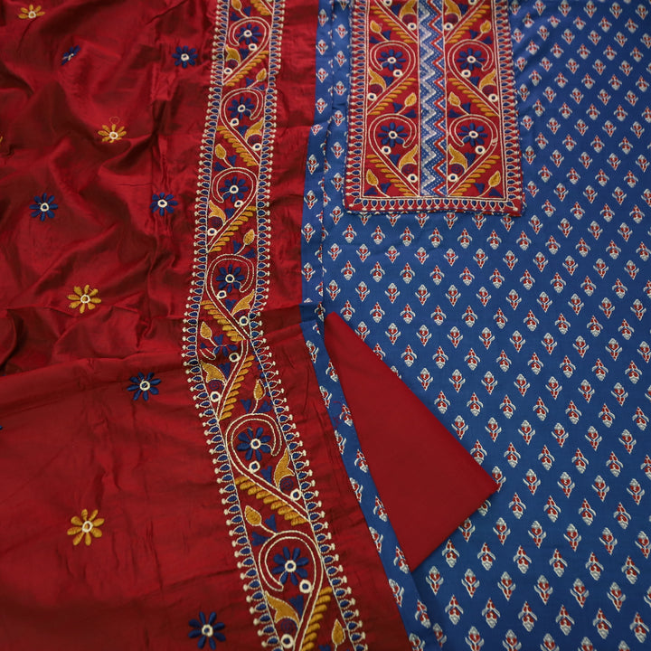 Roshni Denim Blue Thread Embroidered Yoke on Ajrak Printed Cotton Suit Set