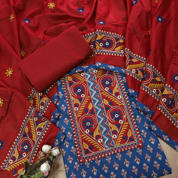 Roshni Denim Blue Thread Embroidered Yoke on Ajrak Printed Cotton Suit Set