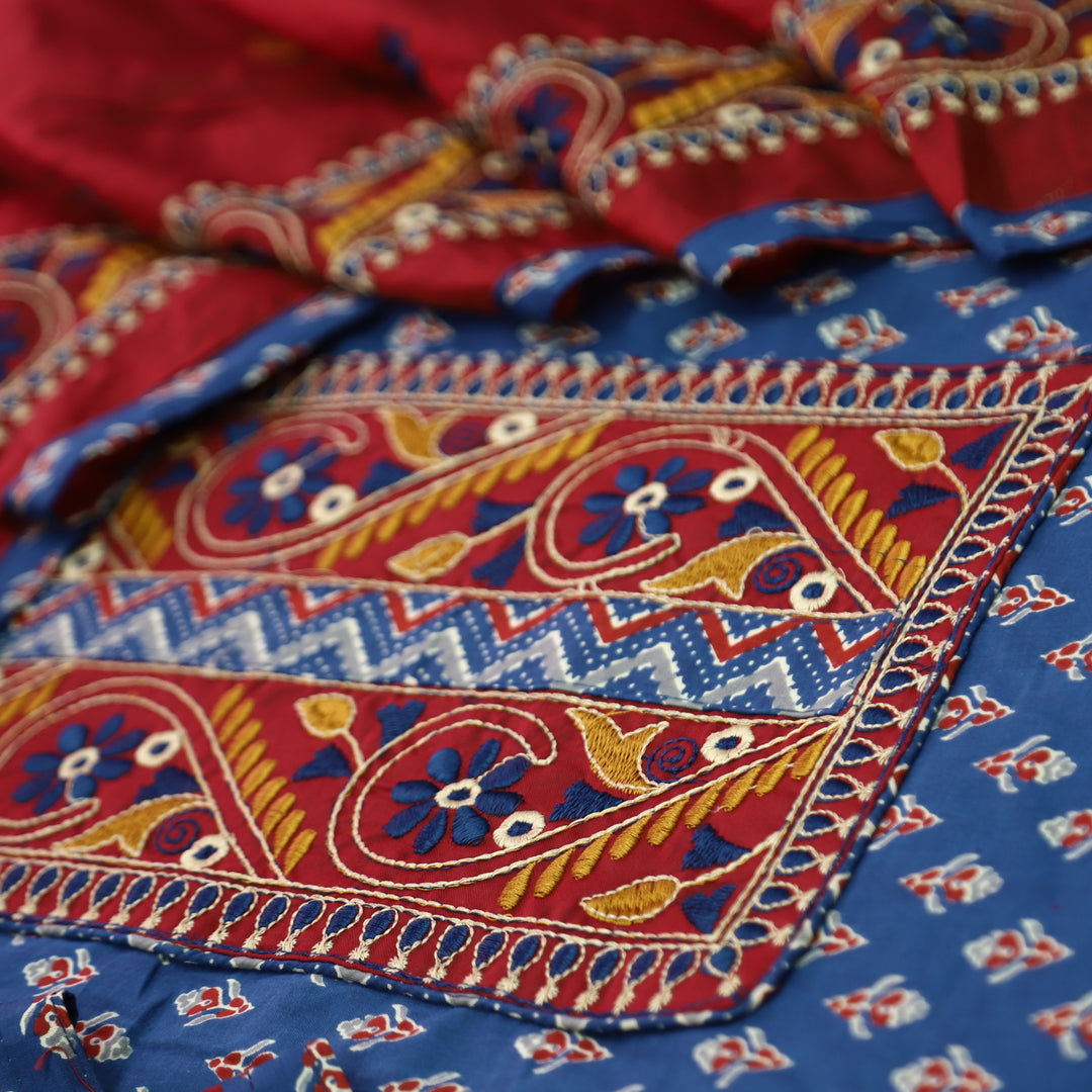 Roshni Denim Blue Thread Embroidered Yoke on Ajrak Printed Cotton Suit Set