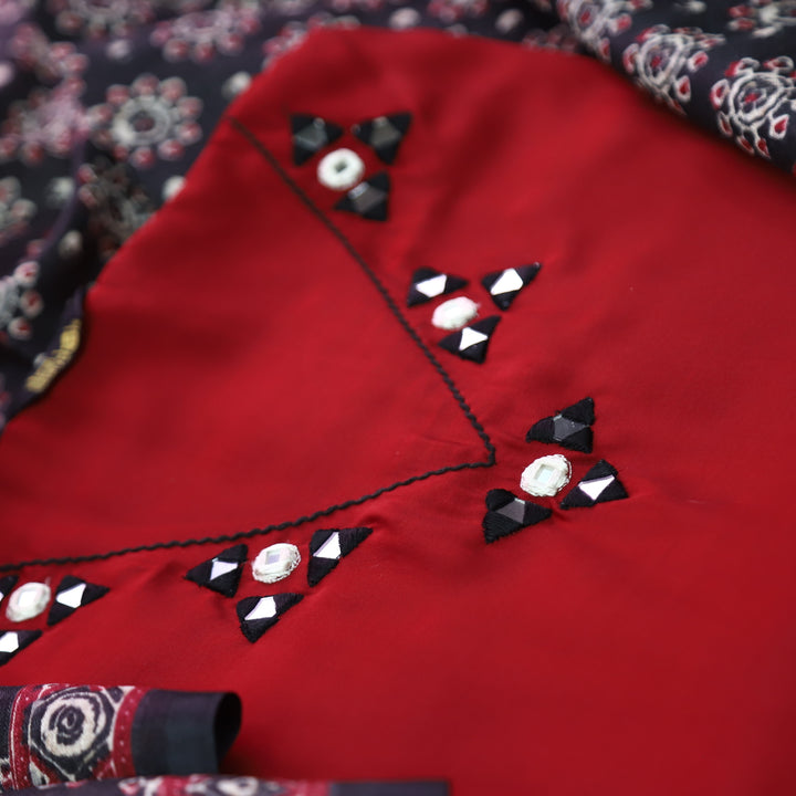 Saheli Maroon Red V Neck Mirror Work Detailing Neck Roman Silk Set with Black Dupatta