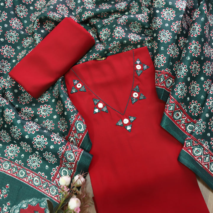Saheli Maroon Red V Neck Mirror Work Detailing Neck Roman Silk Set with Green Dupatta