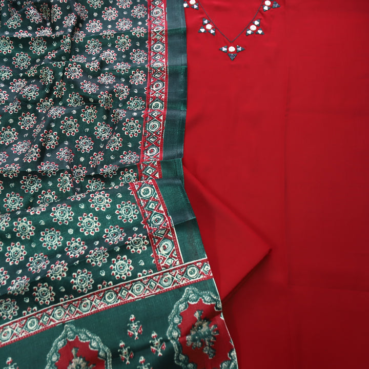 Saheli Maroon Red V Neck Mirror Work Detailing Neck Roman Silk Set with Green Dupatta