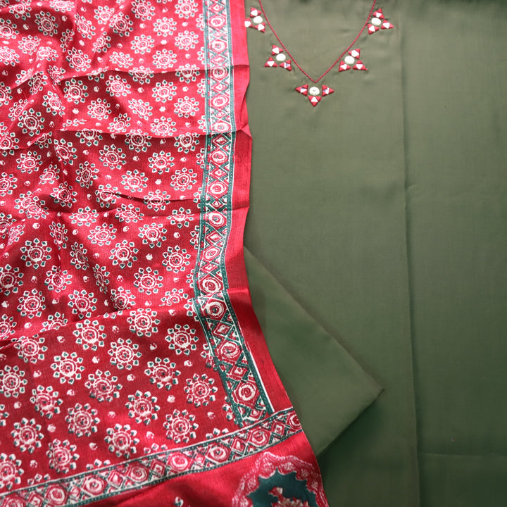 Saheli Pine Green V Neck Mirror Work Detailing Neck Roman Silk Set with Red Dupatta