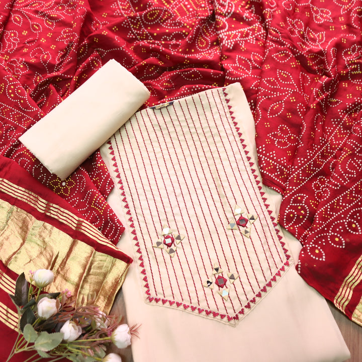 Saheli Cream White Thread Embroidered Neck with Mirror Work Roman Silk Set