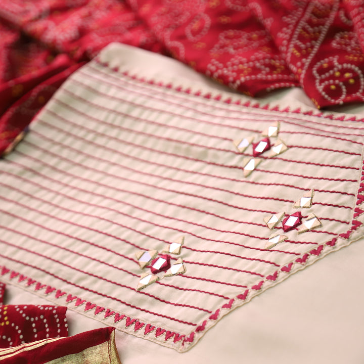 Saheli Cream White Thread Embroidered Neck with Mirror Work Roman Silk Set