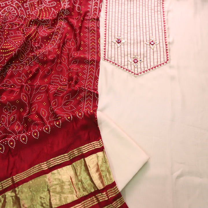 Saheli Cream White Thread Embroidered Neck with Mirror Work Roman Silk Set