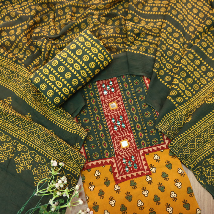 Suhani Turmeric Yellow Mirror Neck Work Yoke  in Ajrak Printed Cotton Suit Set-D1